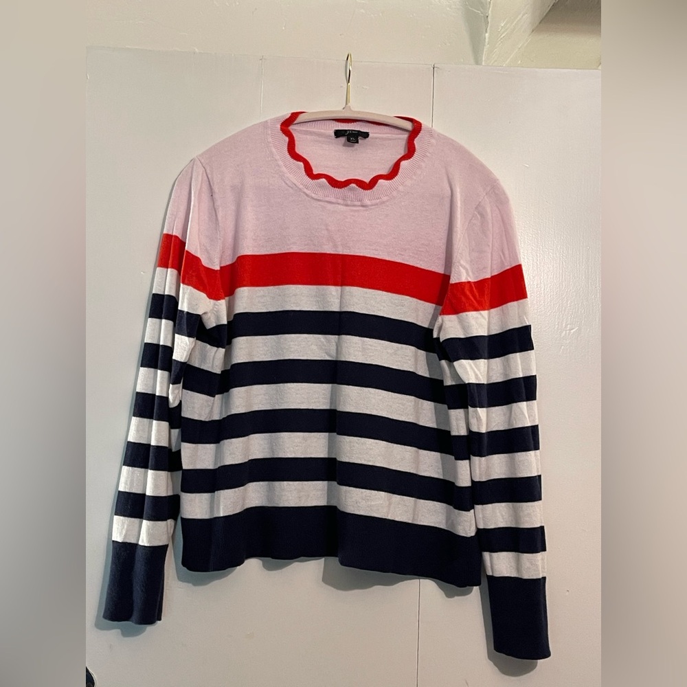 J. Crew Blue & White Striped Sweater with Pink & Red Accents